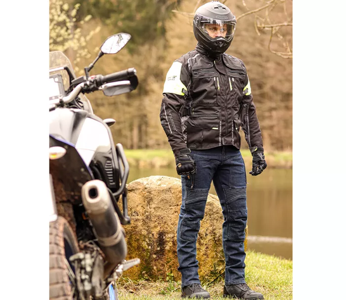 Dżinsy Kevlar na motocyklu Trilobite 661 Parado granatowy SLIM Wersja rozszerzona