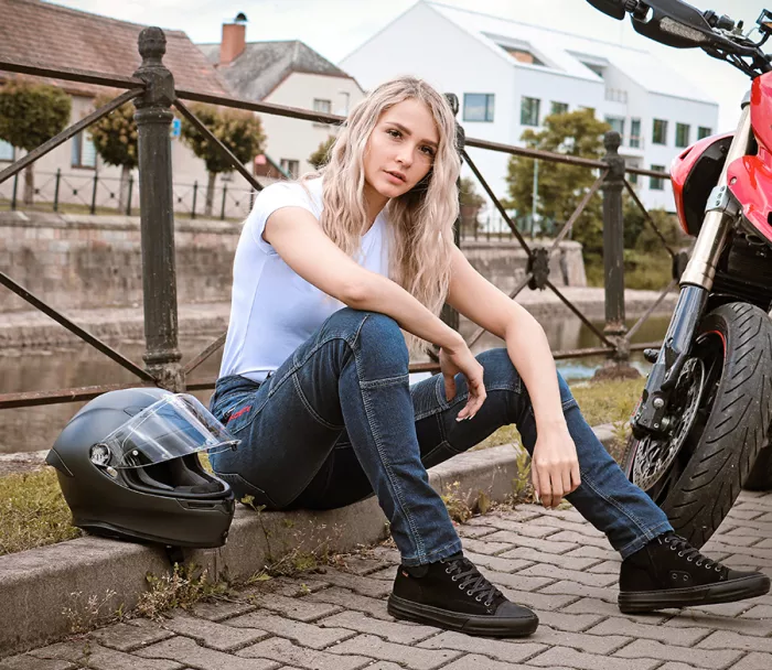 Damskie dżinsy motocyklowe Trilobite Parado monolayer AAA slim fit blue (Rozszerzony)